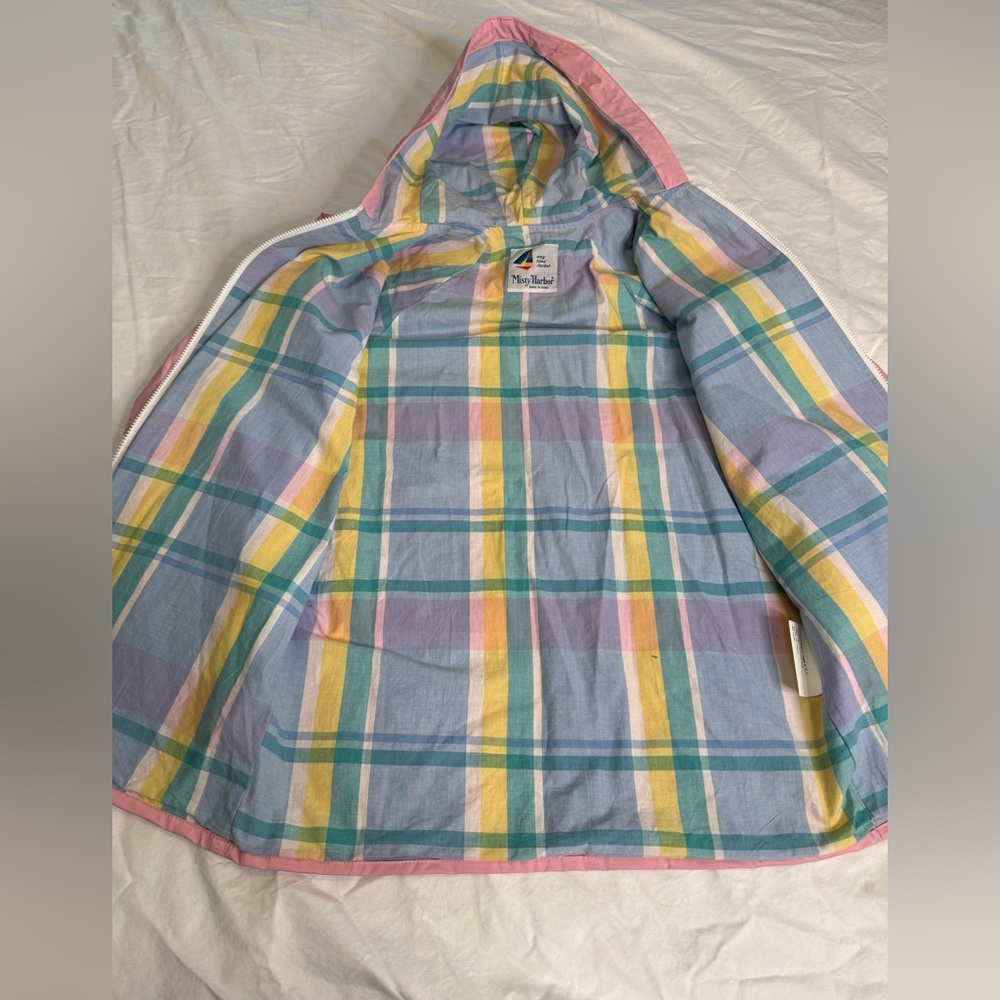 Vtg 90s Misty Harbor Pink PVC Rain Slicker Plaid Lined Hooded M Coastal Preppy - Picture 6 of 14